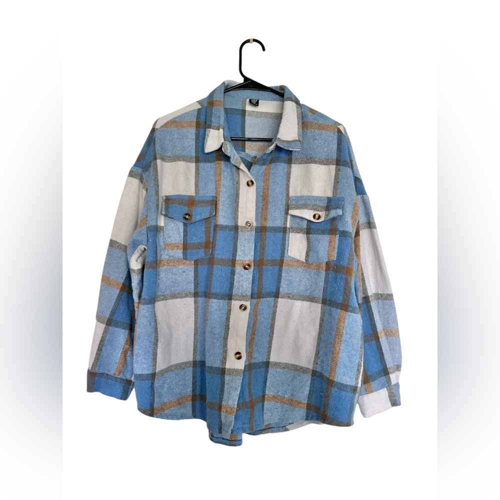 SHEIN Curve Blue/Cream/Brown Plaid Button Up Flannel Size 1XL